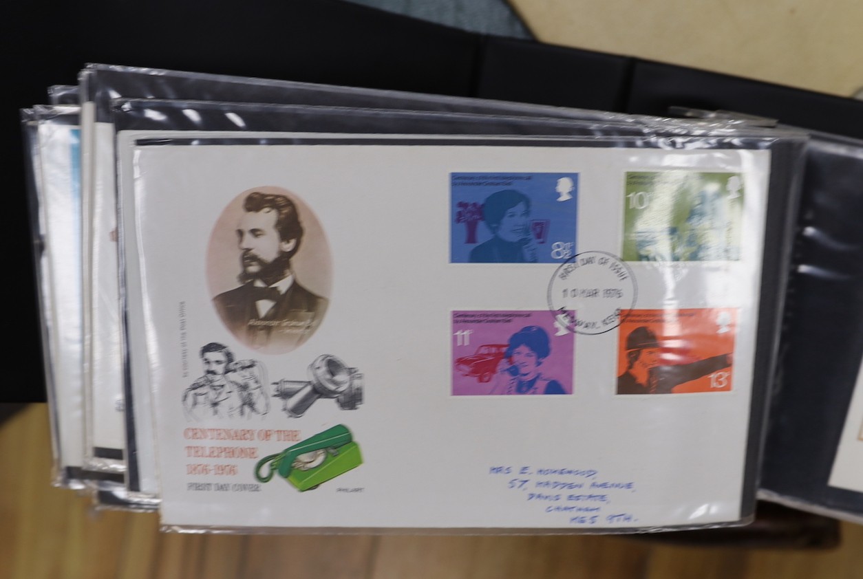 Stamp collection, including first day covers, albums etc, in a box, a suitcase and black container.